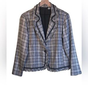 Chico’s Plaid Tweed Lady Jacket Blazer with Fringe Trim Size 2 (12/14)